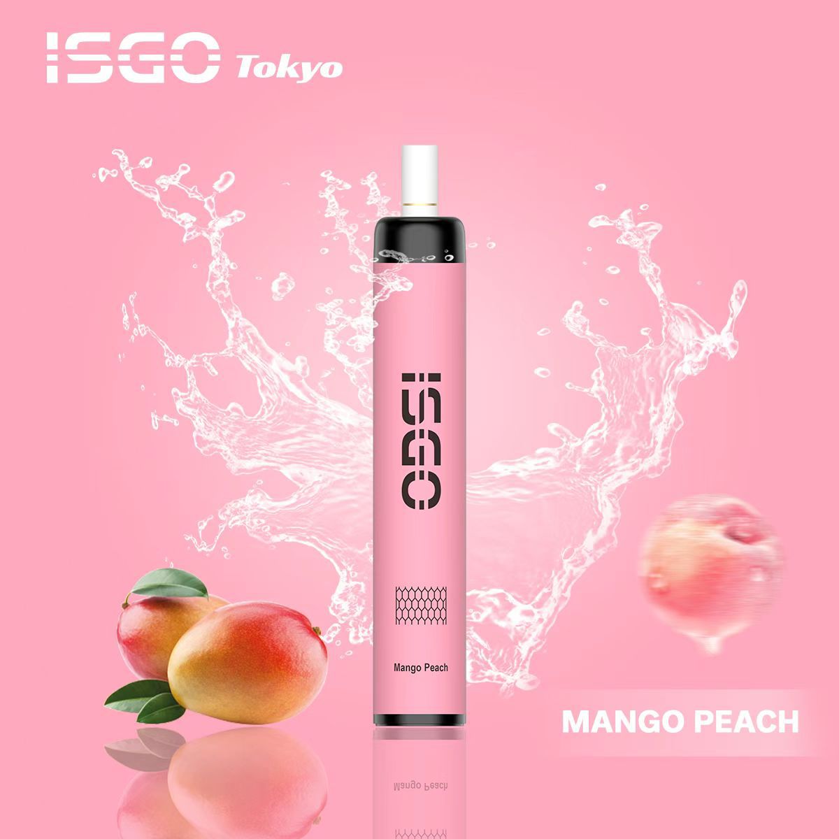 ISGO Tokyo Mango Peach vape with splash, mangoes, and peaches on light pink background