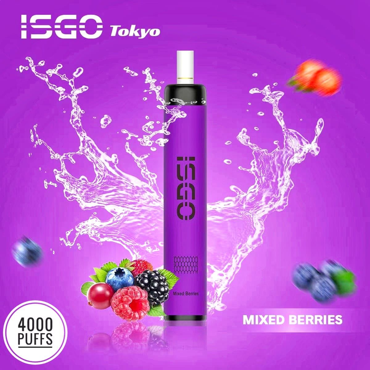 ISGO Tokyo Mixed Berries vape with assorted berries and splash on purple background