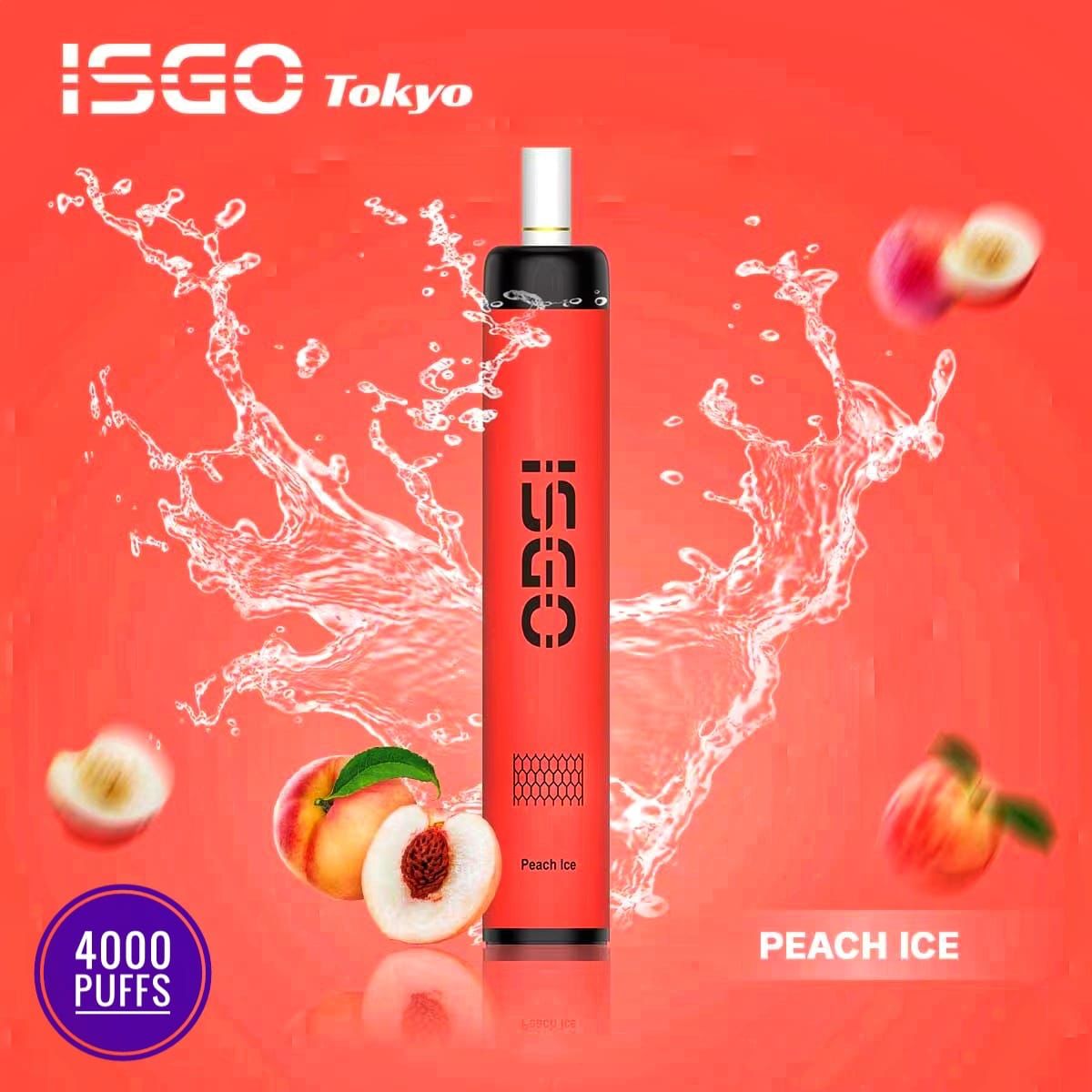 ISGO Tokyo Peach Ice vape with splash and fresh peaches on red background