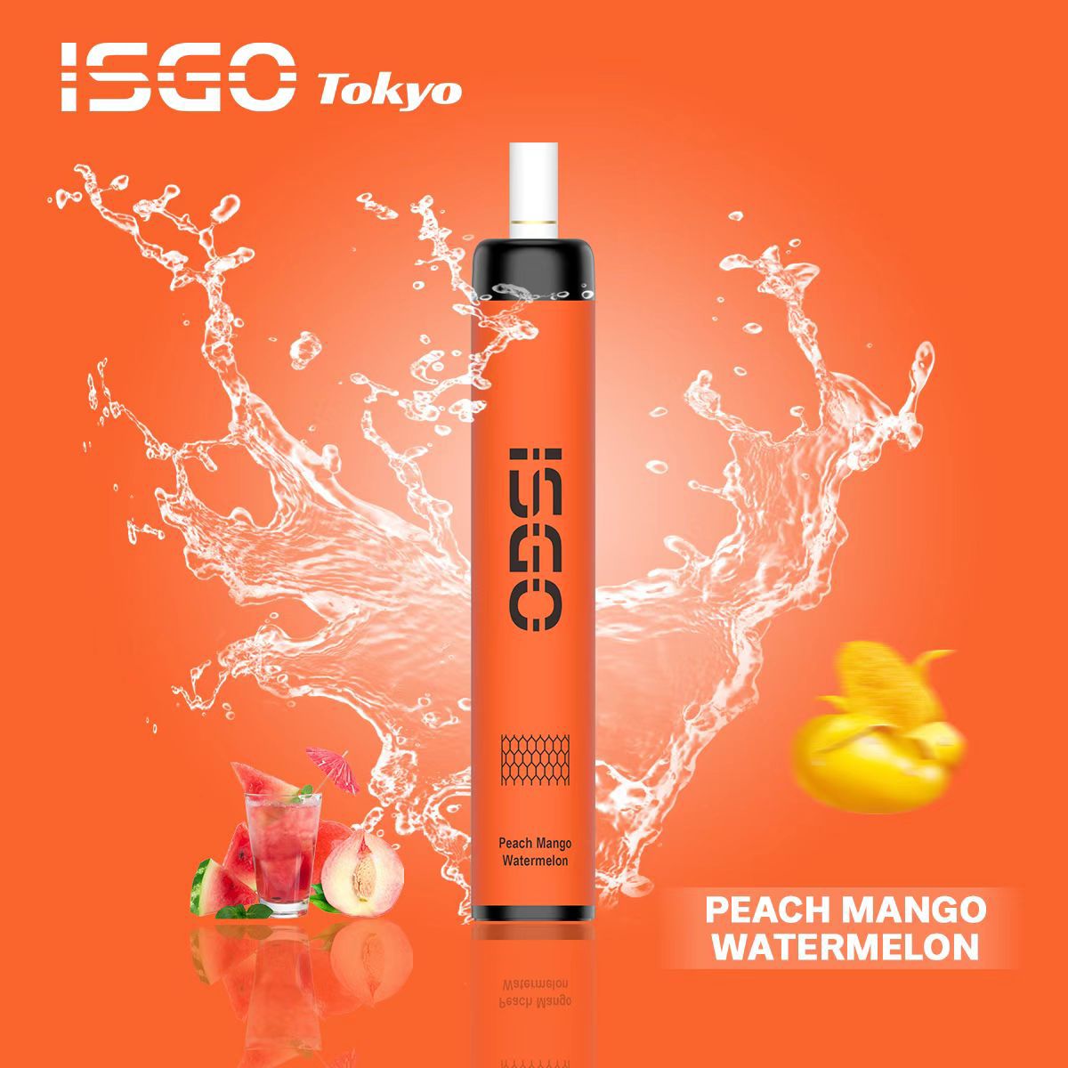 ISGO Tokyo Peach Mango Watermelon vape with splash and fruits on orange background