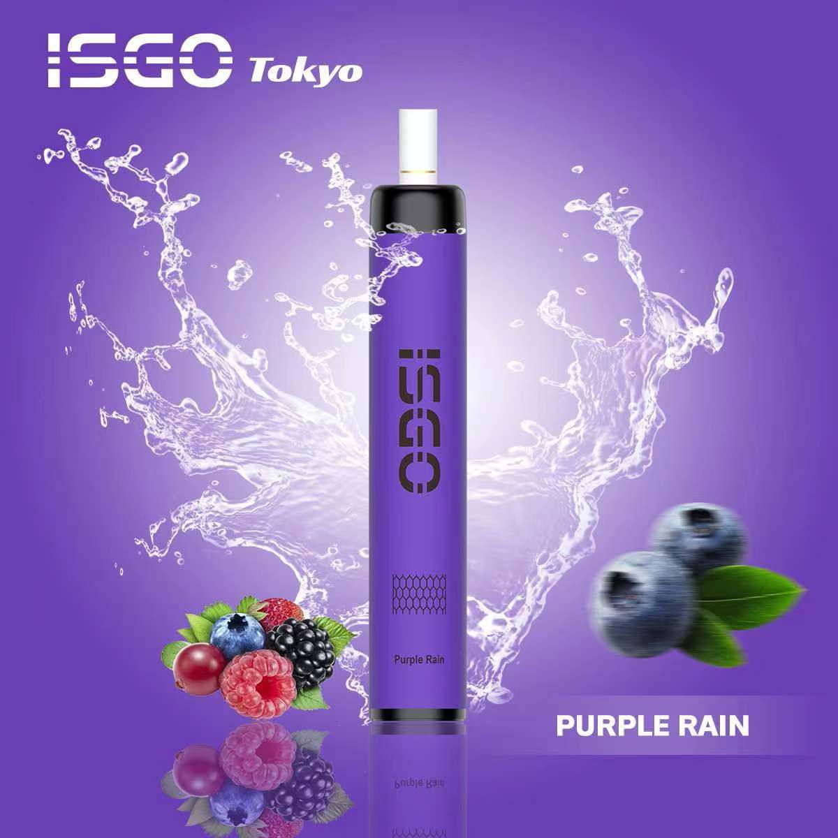 ISGO Tokyo Purple Rain vape with splash, blueberries, and berries on purple background