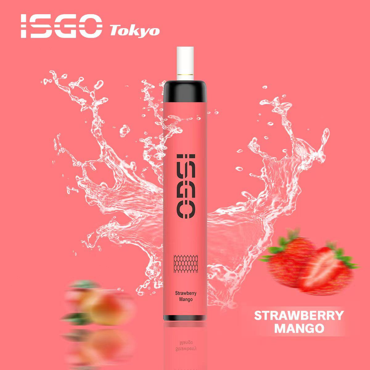 ISGO Tokyo Strawberry Mango vape with splash, strawberries, and mango on pink background