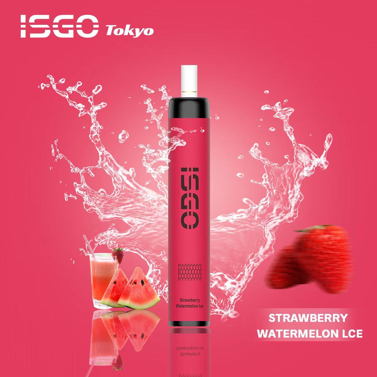 ISGO Tokyo Strawberry Watermelon Ice vape with splash, strawberries, and watermelon