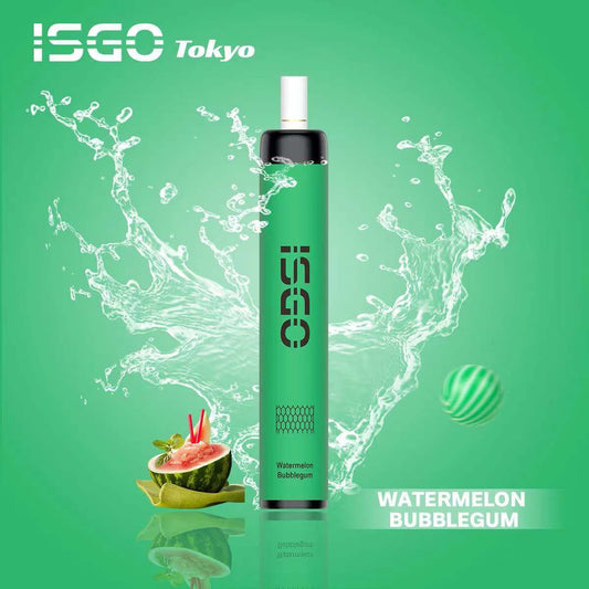 ISGO Tokyo Watermelon Bubblegum vape with splash and watermelon on green background