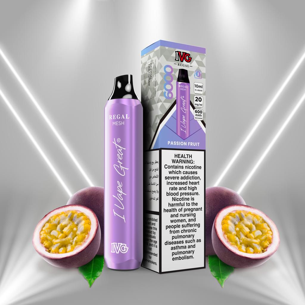 IVG Regal Passion Fruit vape 6000 puffs with box, passion fruit on silver background
