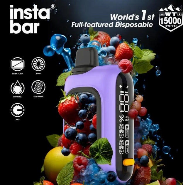 Instabar disposable vape purple, 15000 puffs, fruit flavor, digital screen