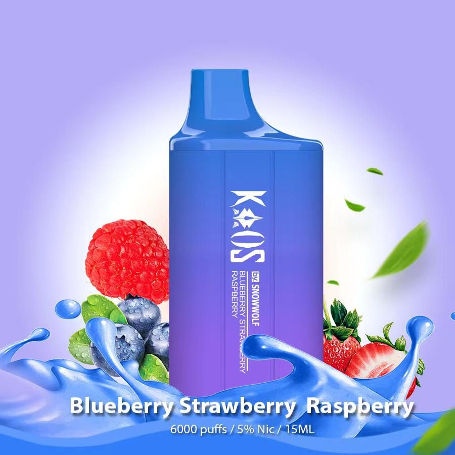 Kaos by SnowWolf 6000 Disposable Vape With Blueberry, Strawberry, and Raspberry Flavor.