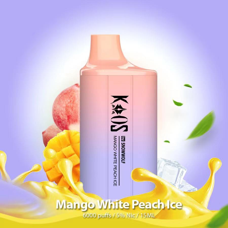 Kaos by SnowWolf 6000 Disposable Vape With Mango White Peach Ice Flavor.