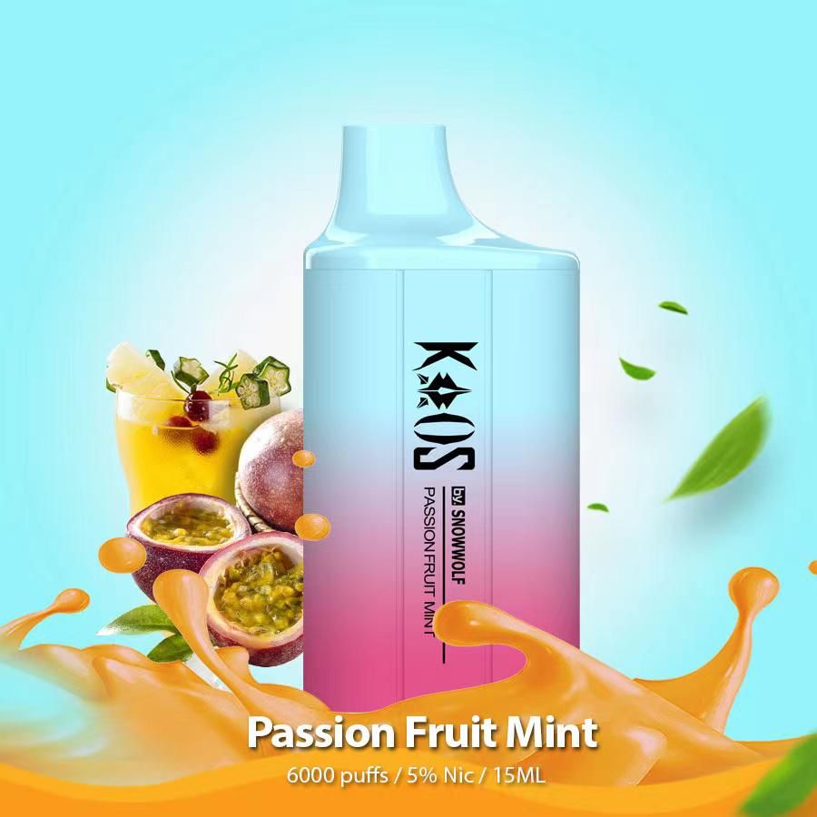 Kaos by SnowWolf 6000 Disposable Vape With Passion Fruit Mint Flavor.