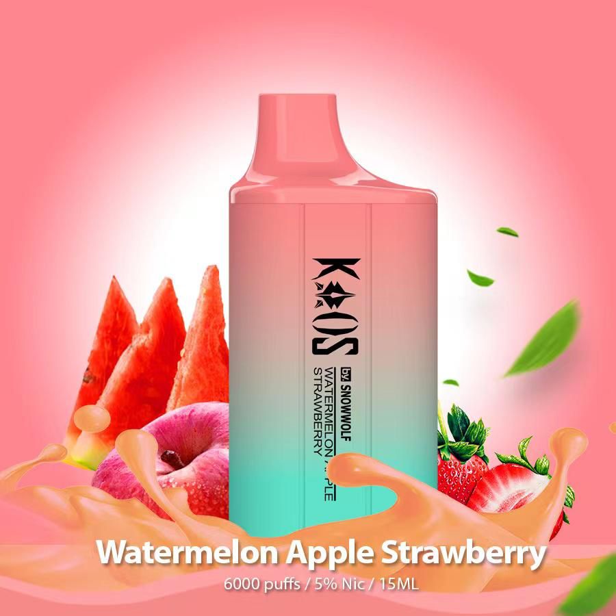 Kaos by SnowWolf 6000 Disposable Vape With Watermelon, Apple, and Strawberry Flavor.