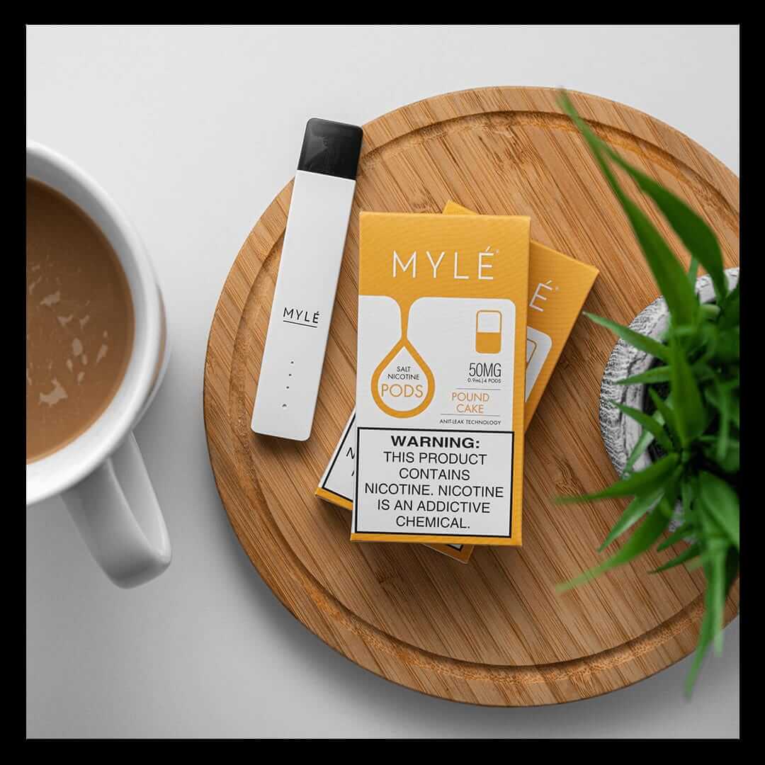 MYLE V4 Pound Cake Pods 50mg – dessert pod pack with MYLE device on tray