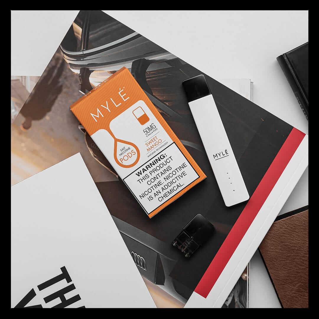 MYLE V4 Sweet Mango Pods 50mg – pod pack with MYLE device and accessories
