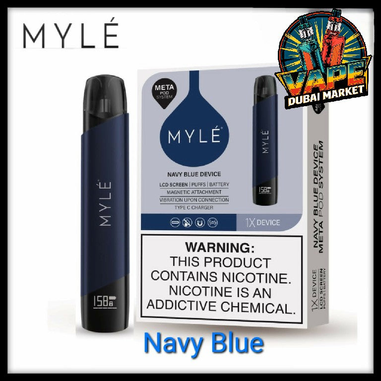 MYLE V5 Meta Pod Kit Navy Blue device with packaging