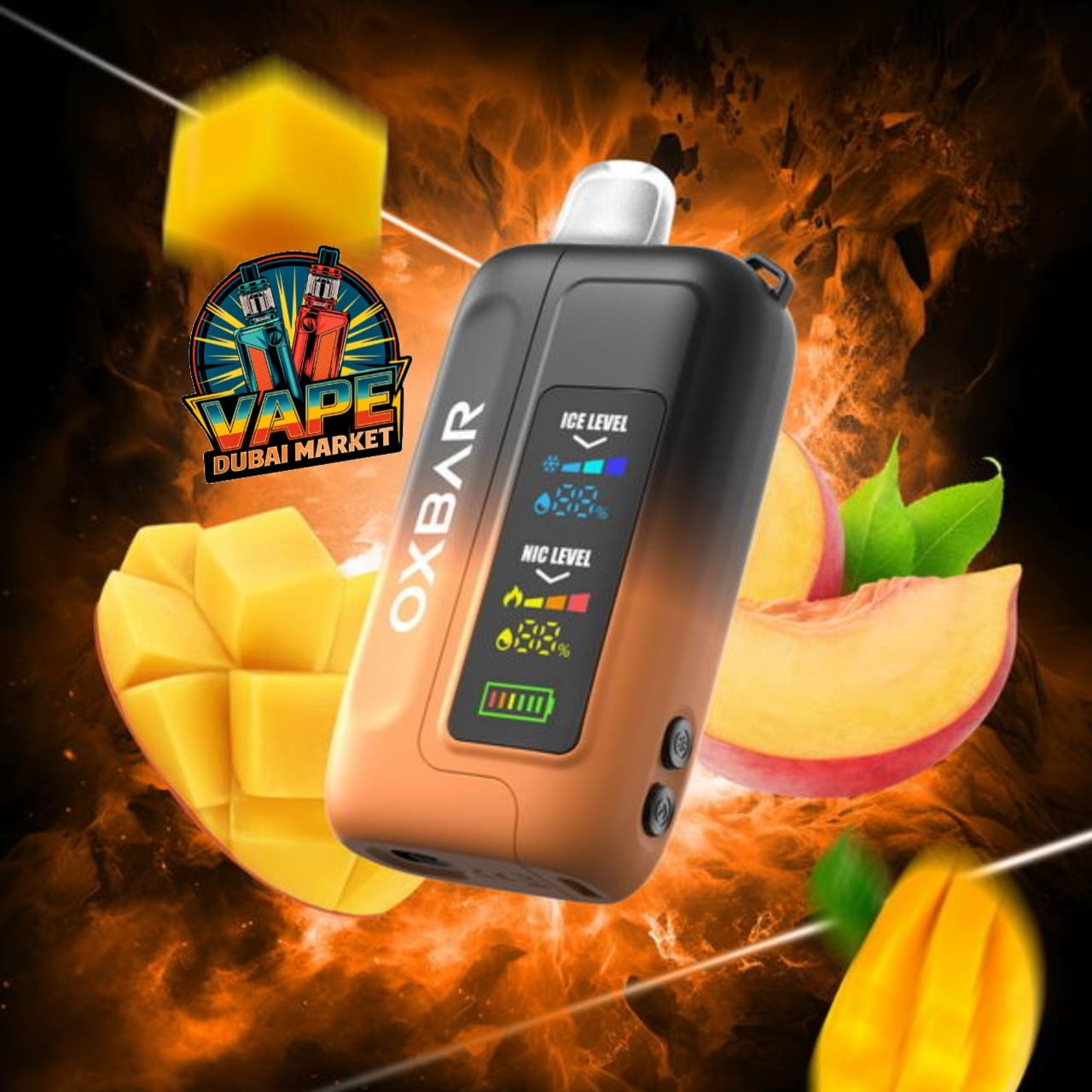 OXBAR Ice-Nic Control vape with mango peach flavor and digital nicotine level display Dubai
