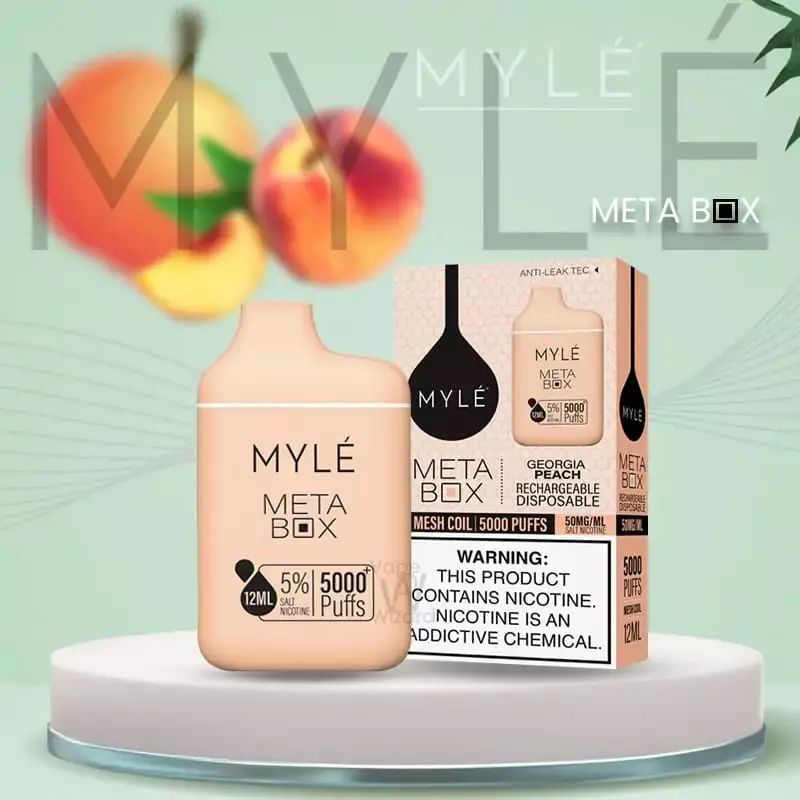 Myle Meta Box Georgia Peach 5000 puffs disposable vape with peach flavor