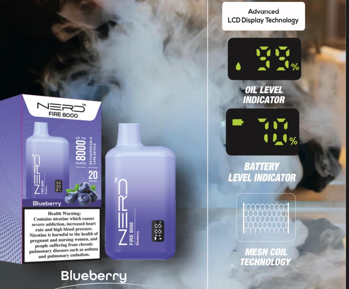 Nerd Fire 8000 Blueberry – 8000 puffs disposable vape with LCD display and mesh coil