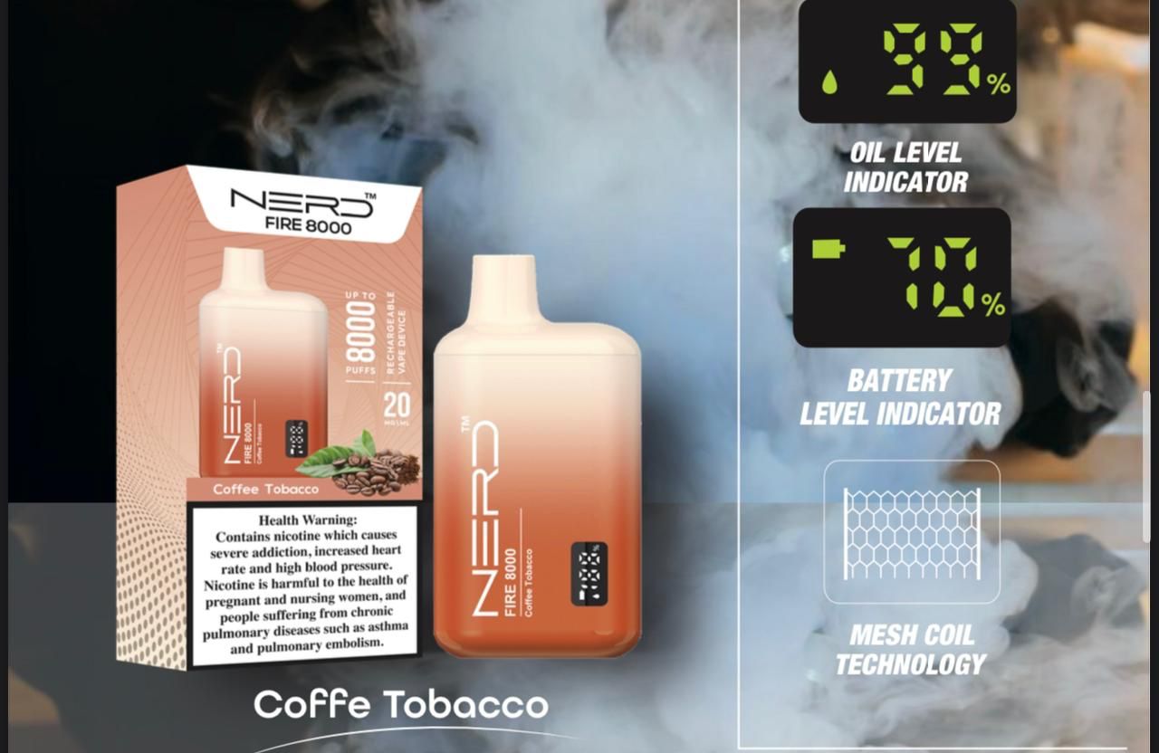 Nerd Fire 8000 Coffee Tobacco – 8000 puffs disposable vape with coffee tobacco flavor