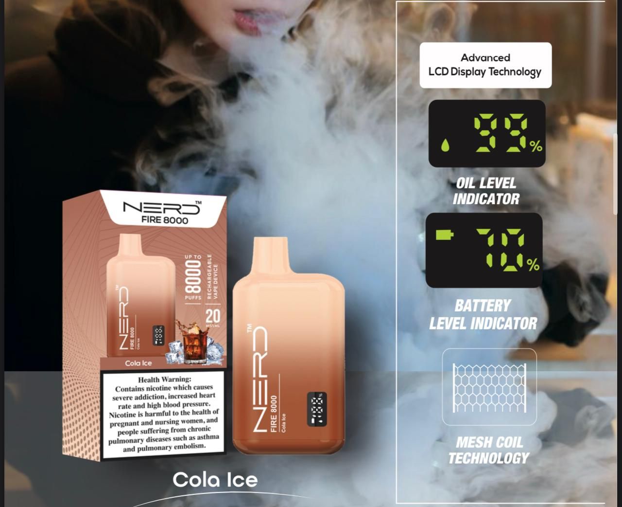Nerd Fire 8000 Cola Ice – 8000 puffs disposable vape with cola ice flavor and LCD display
