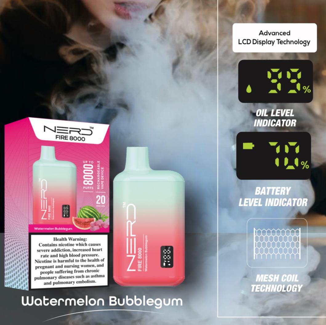 Nerd Fire 8000 Watermelon Bubblegum – 8000 puffs disposable vape with watermelon bubblegum