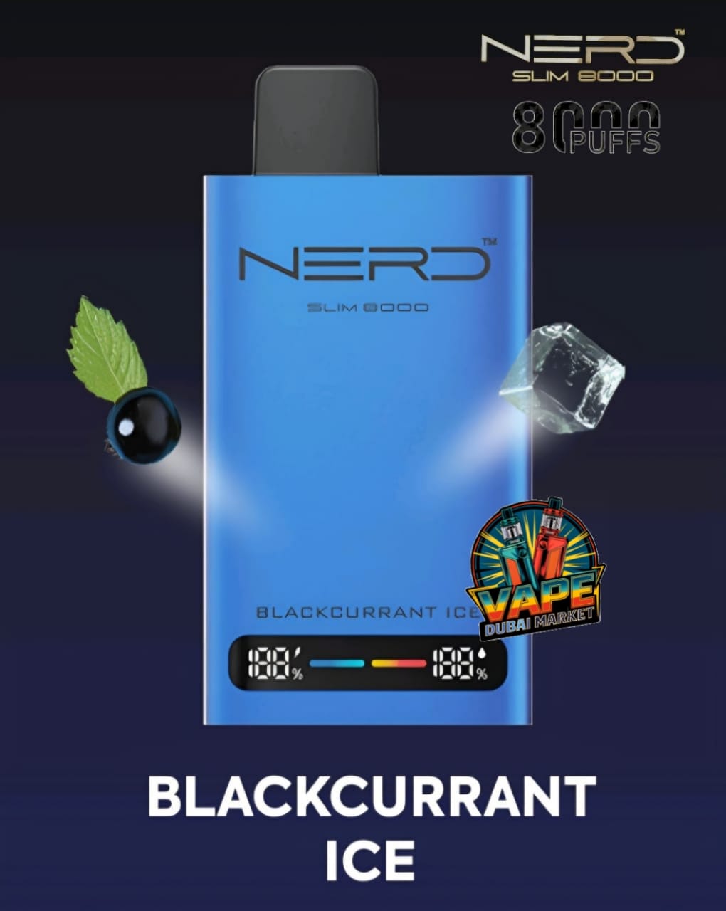 Nerd Slim 8000 Puffs vape Blackcurrant Ice flavor with digital puff counter display