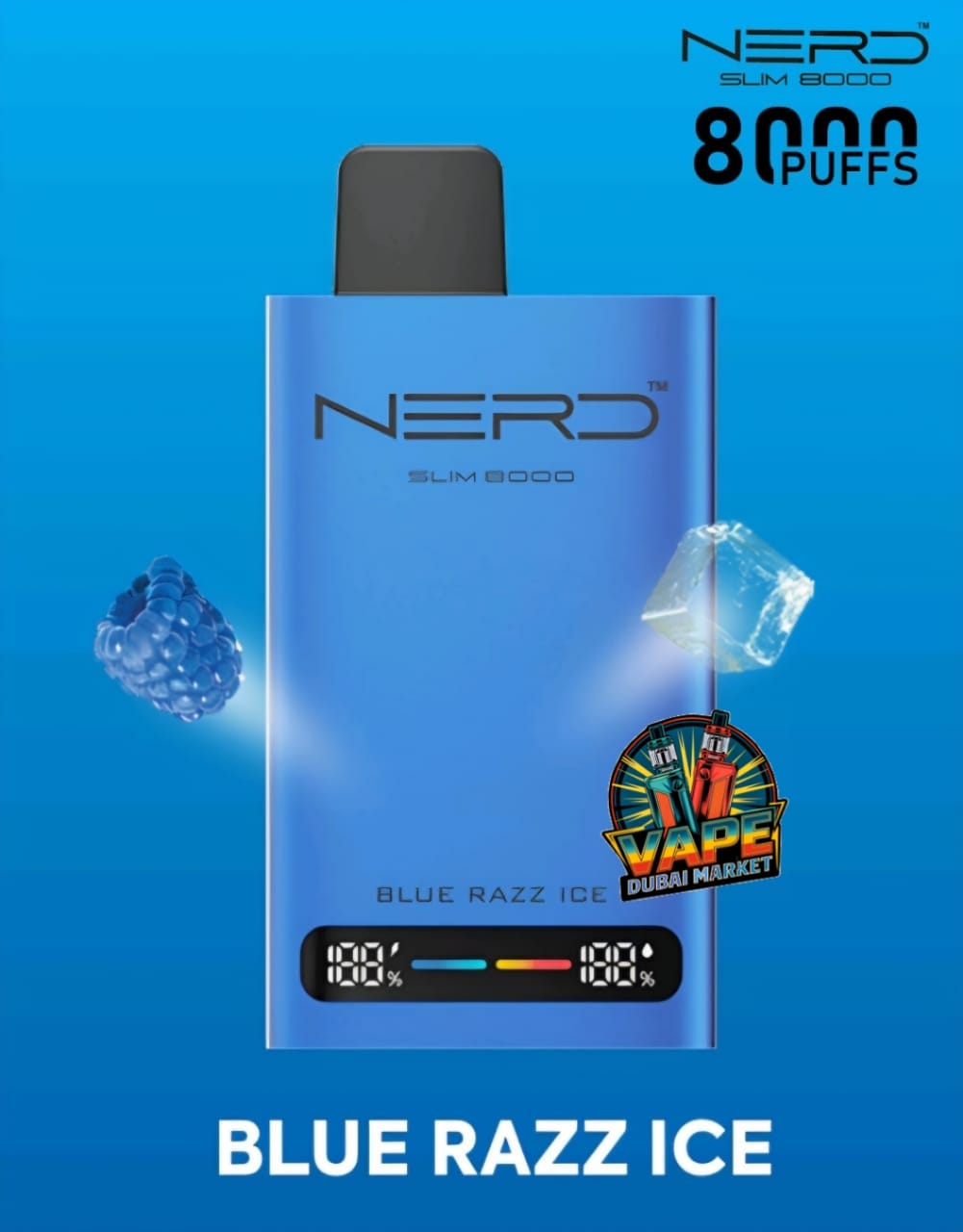 Nerd Slim 8000 Puffs vape Blue Razz Ice flavor with digital puff counter display