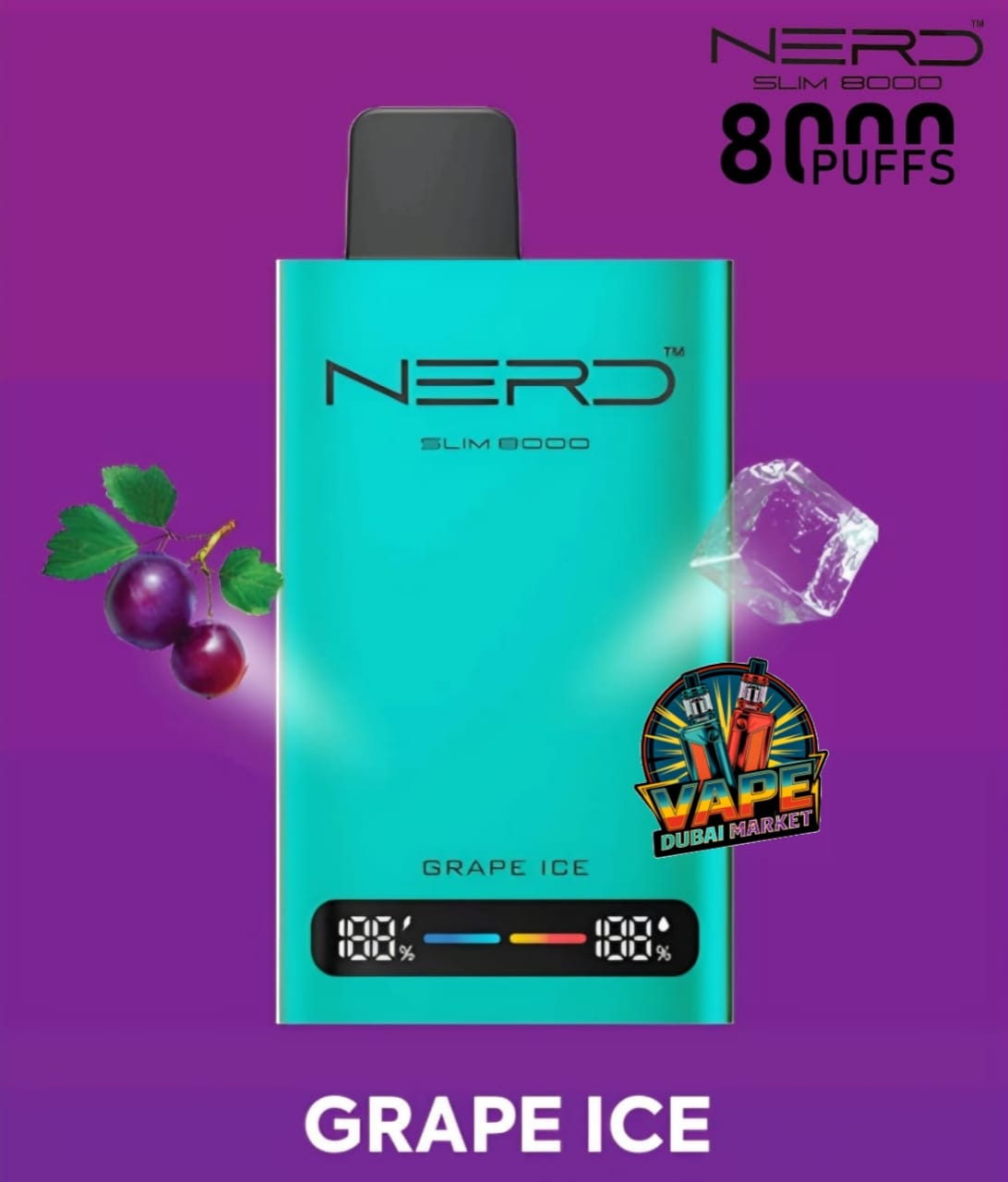 Nerd Slim 8000 Puffs vape Grape Ice flavor with digital puff counter display