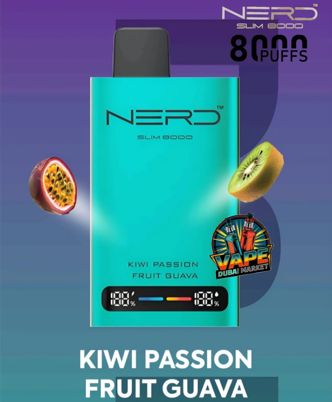 Nerd Slim 8000 Puffs vape Kiwi Passion Fruit Guava flavor with puff counter display