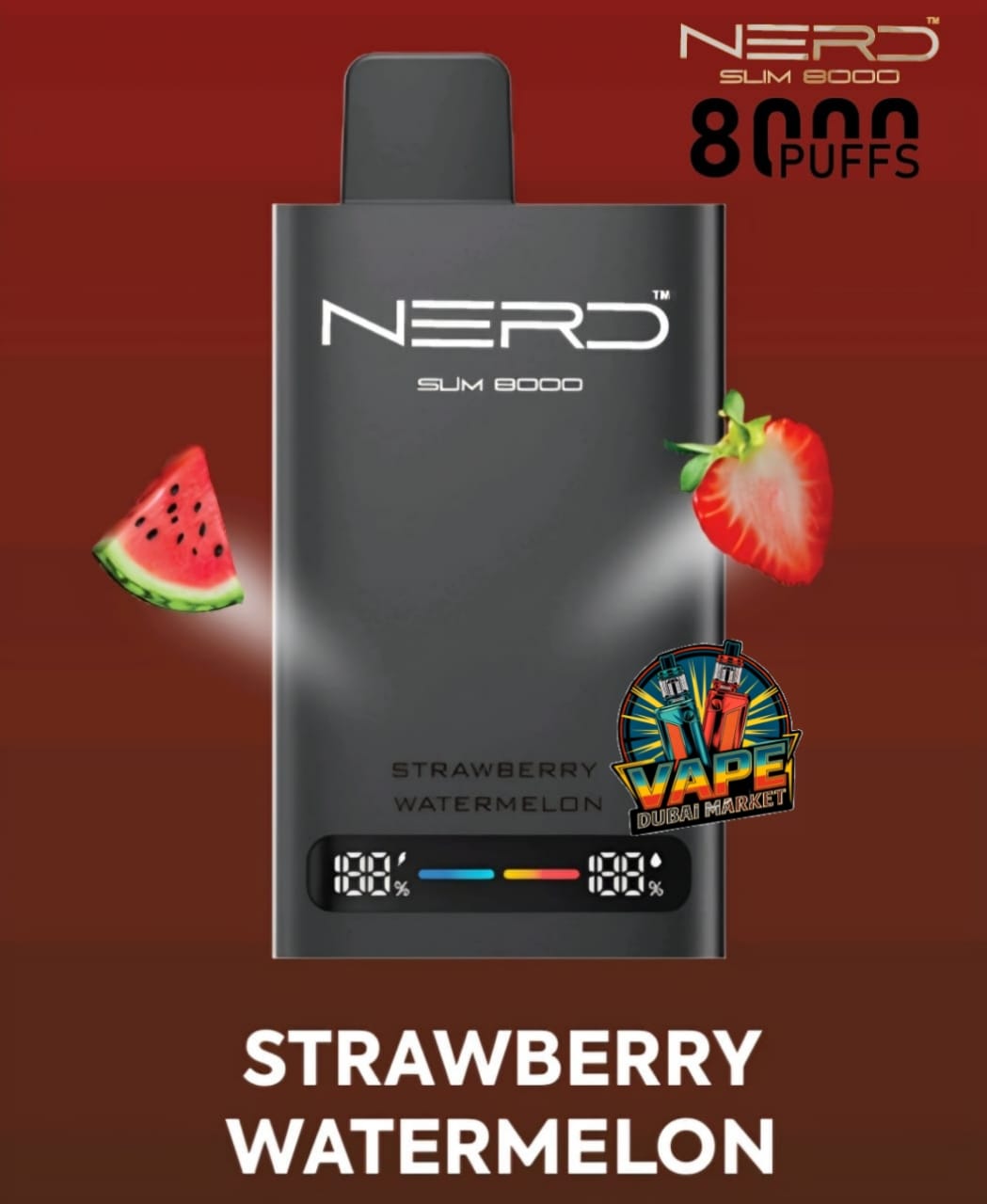 Nerd Slim 8000 Puffs vape Strawberry Watermelon flavor with digital puff counter display