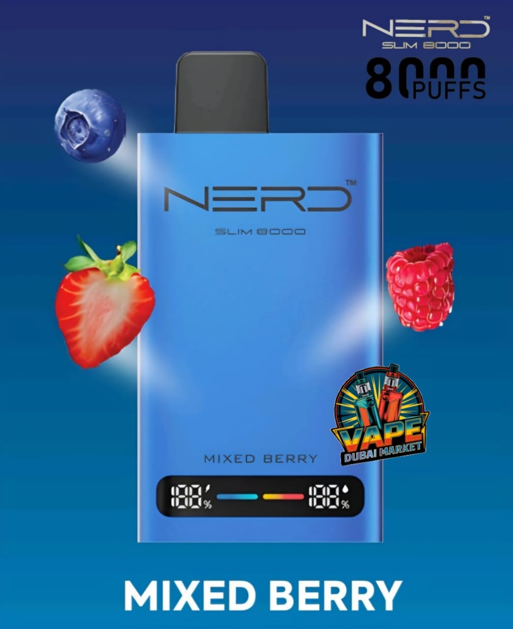 Multiple Nerd Slim 8000 Puffs vape devices in Mixed Berries flavor variety