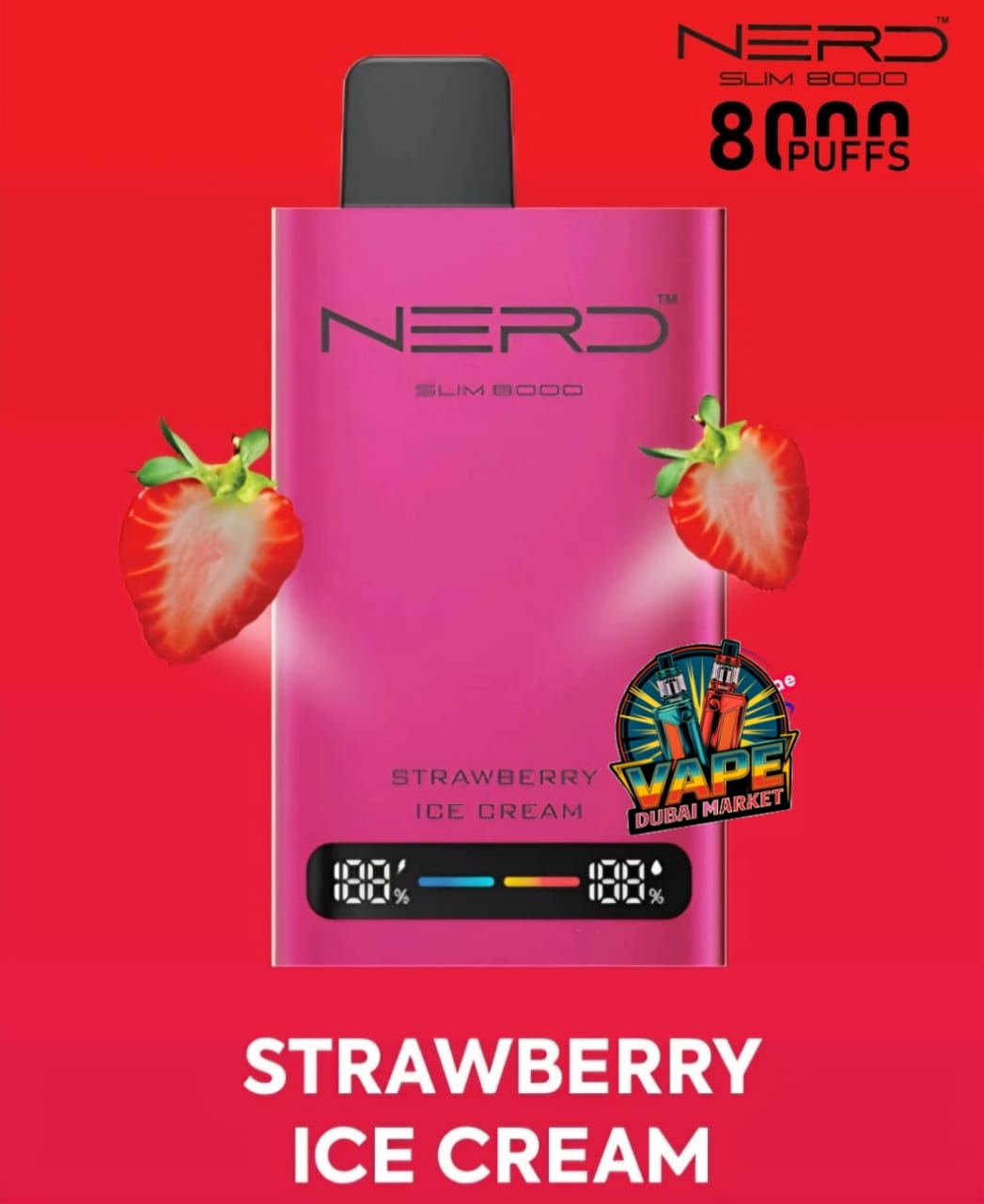 Nerd Slim 8000 Puffs vape in Strawberry Ice Cream flavor with digital puff counter