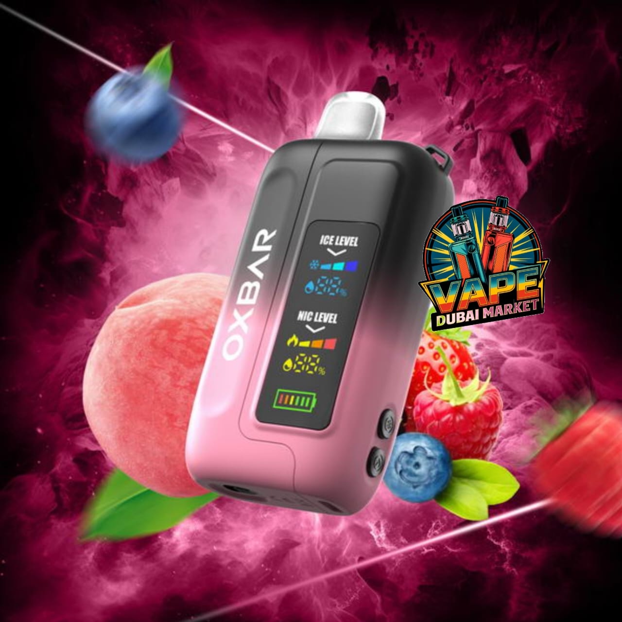 OXBAR Ice-Nic Control vape with peach blue razz flavor and customizable ice control Dubai