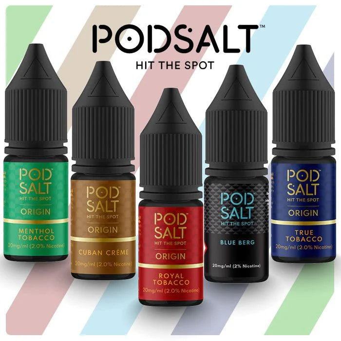 Pod Salt Core 20mg 30ml e-liquid 6 flavours displayed