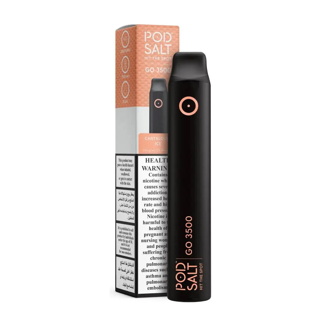 Pod Salt Go 3500 Cantaloupe Ice disposable vape device with packaging box