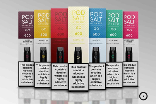 Pod Salt Go 600 disposable vape flavors lineup with packaging and nicotine