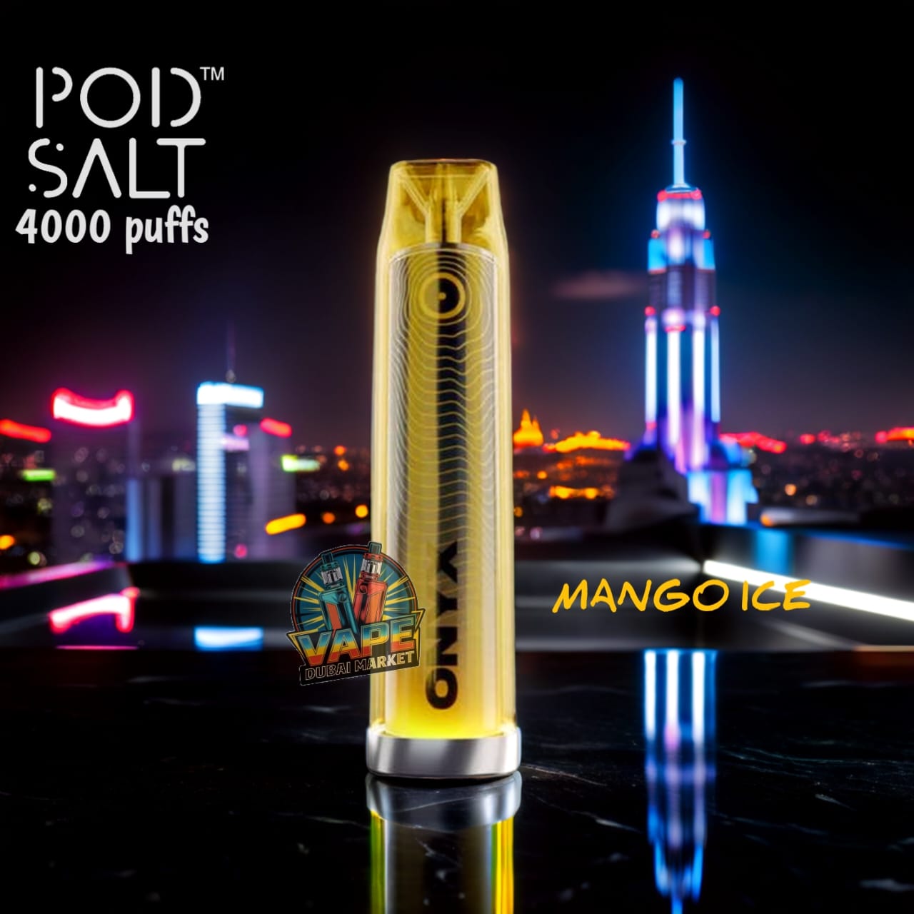 Pod Salt Onyx Mango Ice disposable vape with 4000 puffs and smooth menthol flavor