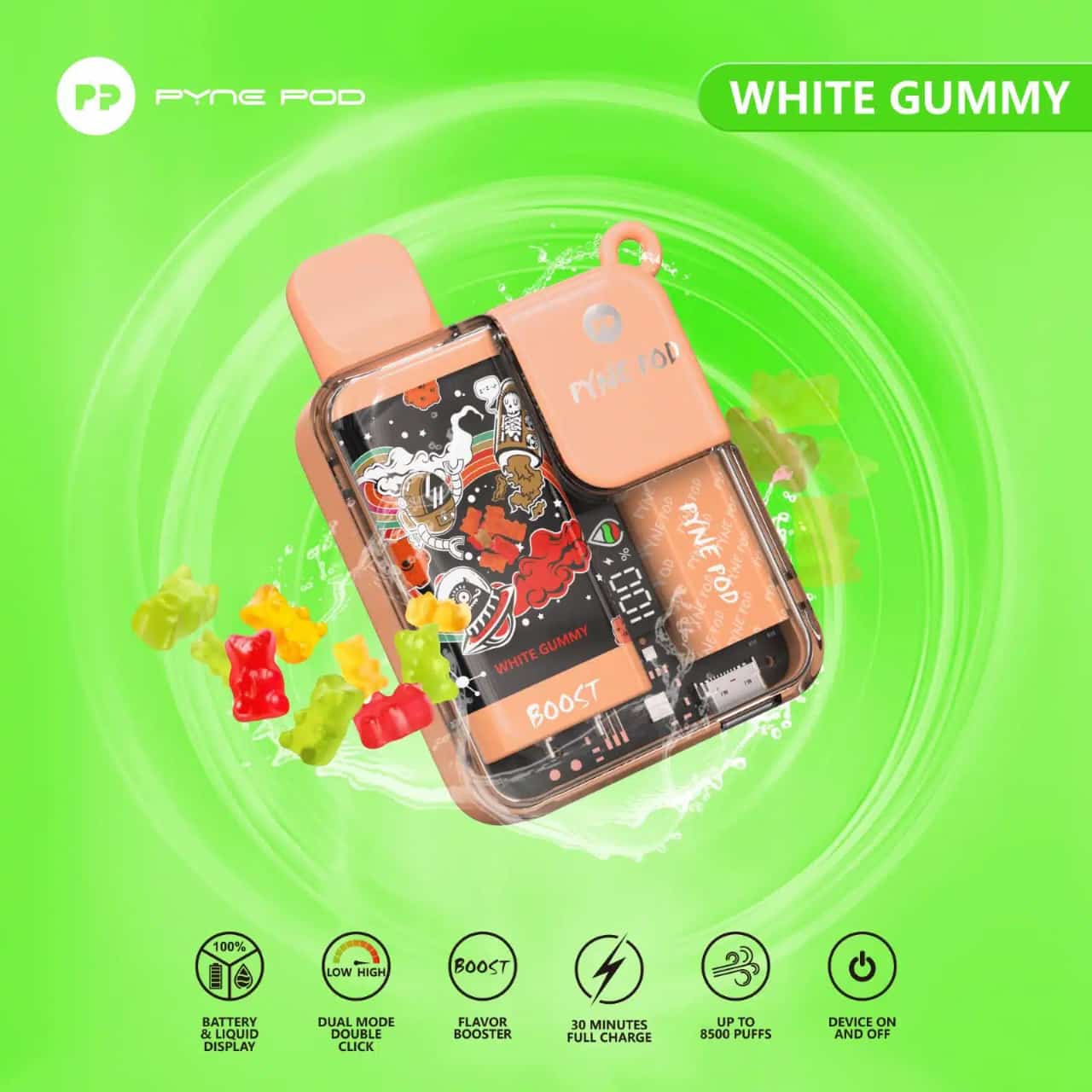 Pyne Pod White Gummy – 8500 puffs disposable vape with white gummy flavor and boost mode