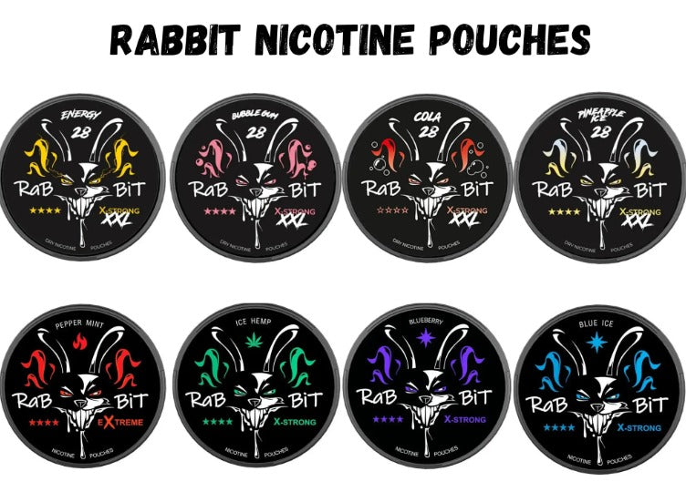 Rabbit nicotine pouches all flavors lineup including energy, cola, blueberry, hemp