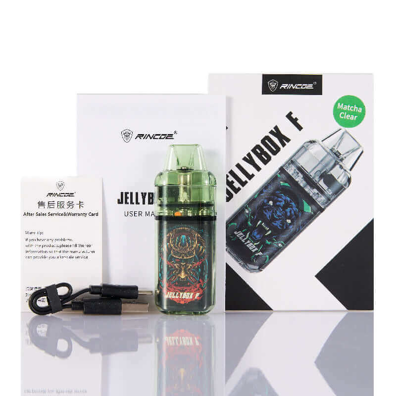 Rincoe Jellybox F Pod System Kit Matcha Clear with packaging and accessories