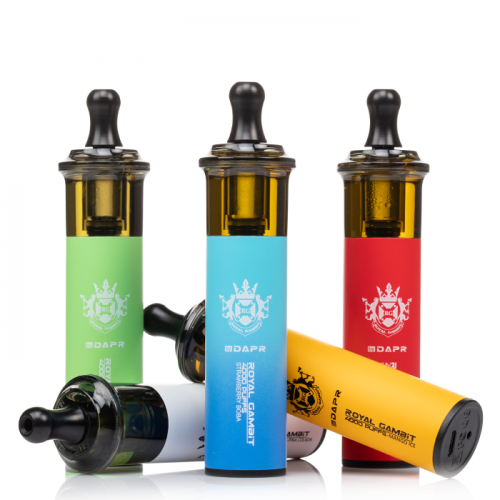 Royal Gambit disposable vapes in assorted colors and flavors, group display