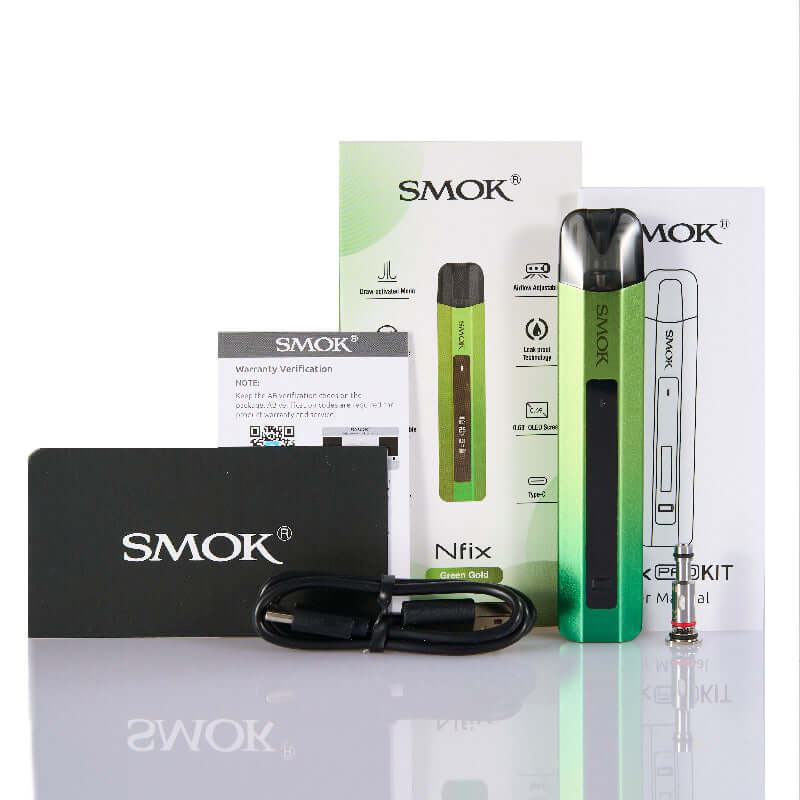 SMOK Nfix Pro Kit green device with packaging and accessories