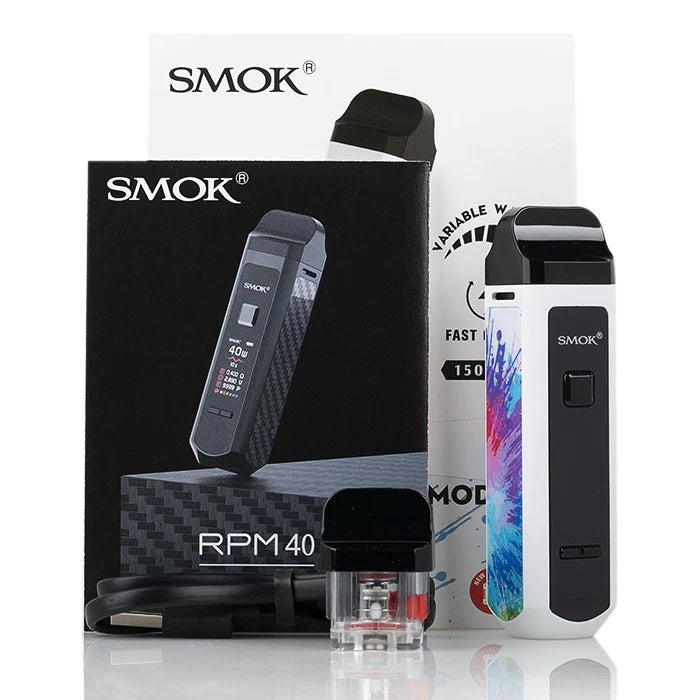 SMOK RPM40 Pod Mod Kit with packaging, USB cable, and pod cartridges