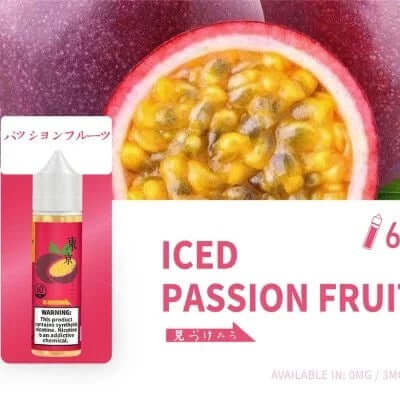 Tokyo iced passion fruit e-liquid 60ml bottle and passion fruit background