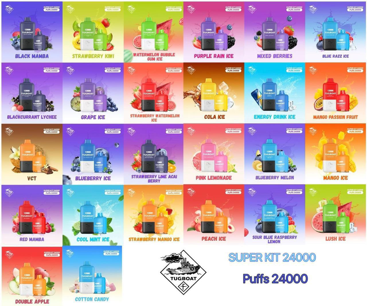 Tugboat Super Kit full flavor range collage with 24,000 puffs disposable vapes