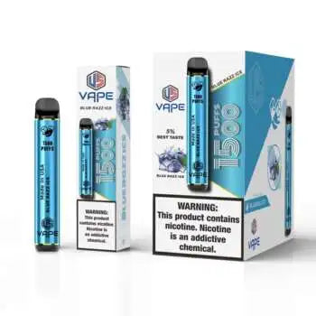 US Vape Blue Razz Ice disposable vape 1500 puffs with box and device on display