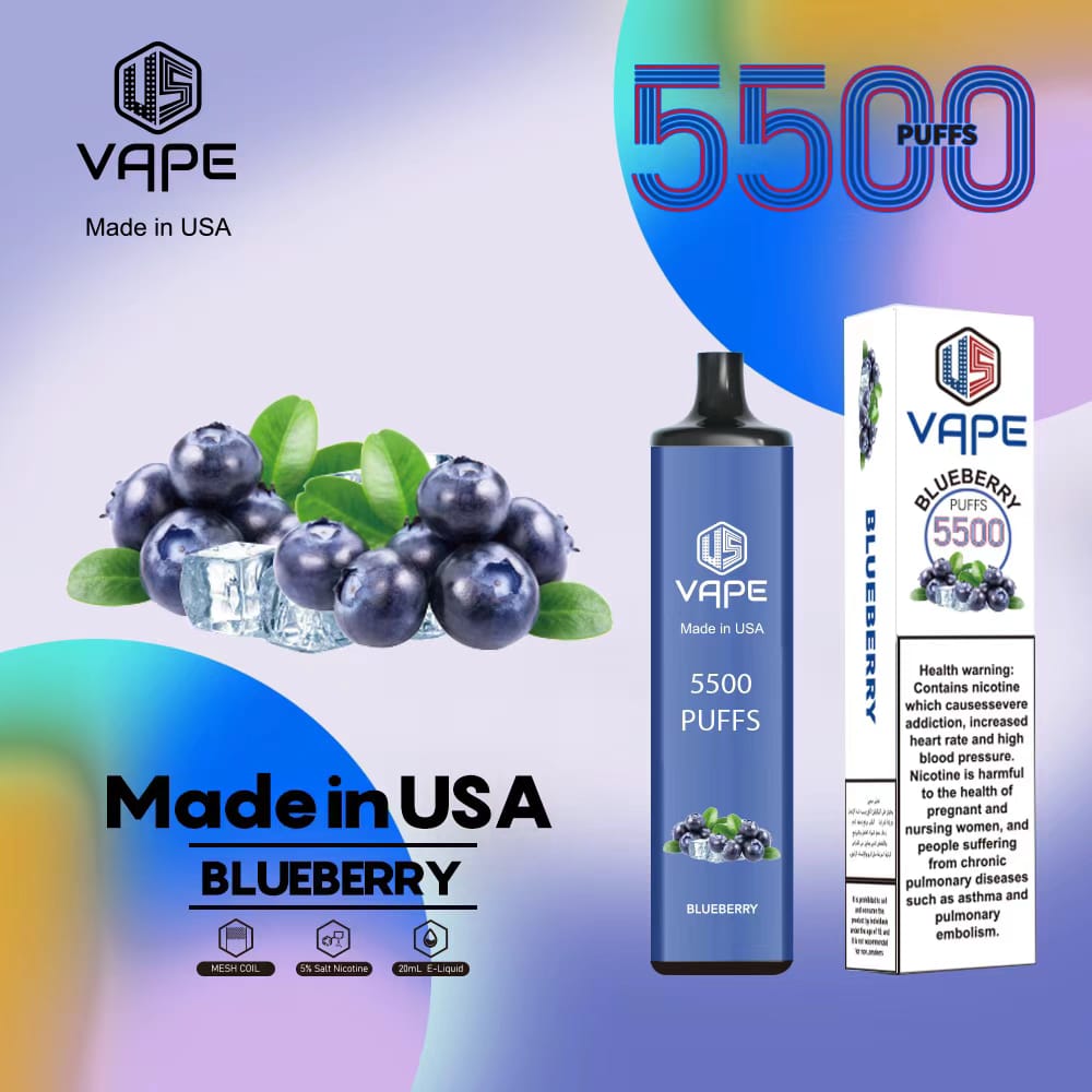 US Vape Blueberry – 5500 puffs disposable vape with blueberry flavor, box, and device