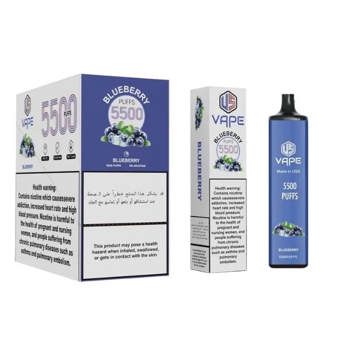 US Vape Blueberry disposable vape 5500 puffs with blue box and device display