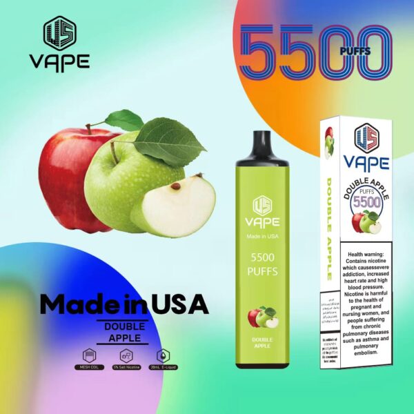 US Vape Double Apple – 5500 puffs disposable vape with double apple flavor, box, and device