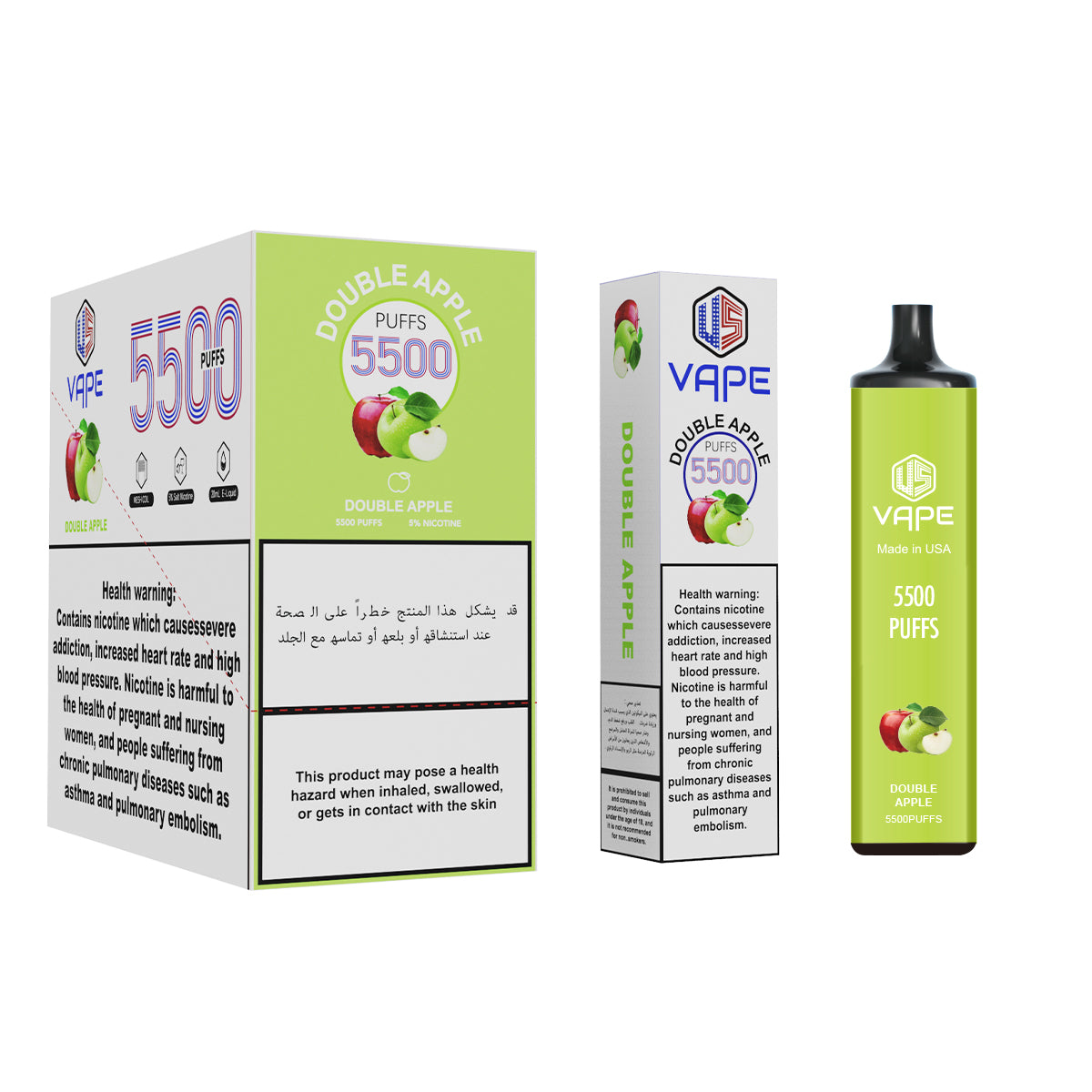 US Vape Double Apple disposable vape 5500 puffs with green box and device display
