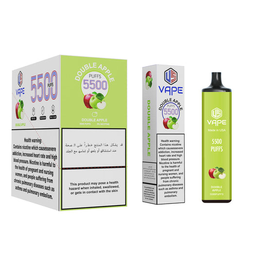 US Vape Double Apple disposable vape 5500 puffs with green box and device display