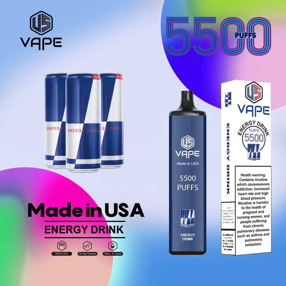 US Vape Energy Drink – 5500 puffs disposable vape with energy drink flavor, box, and device